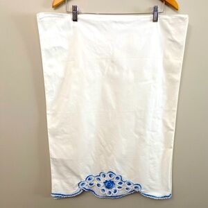 Vintage Pair of Standard Size White Cotton Pillowcases with Hand Embroidery Blue
